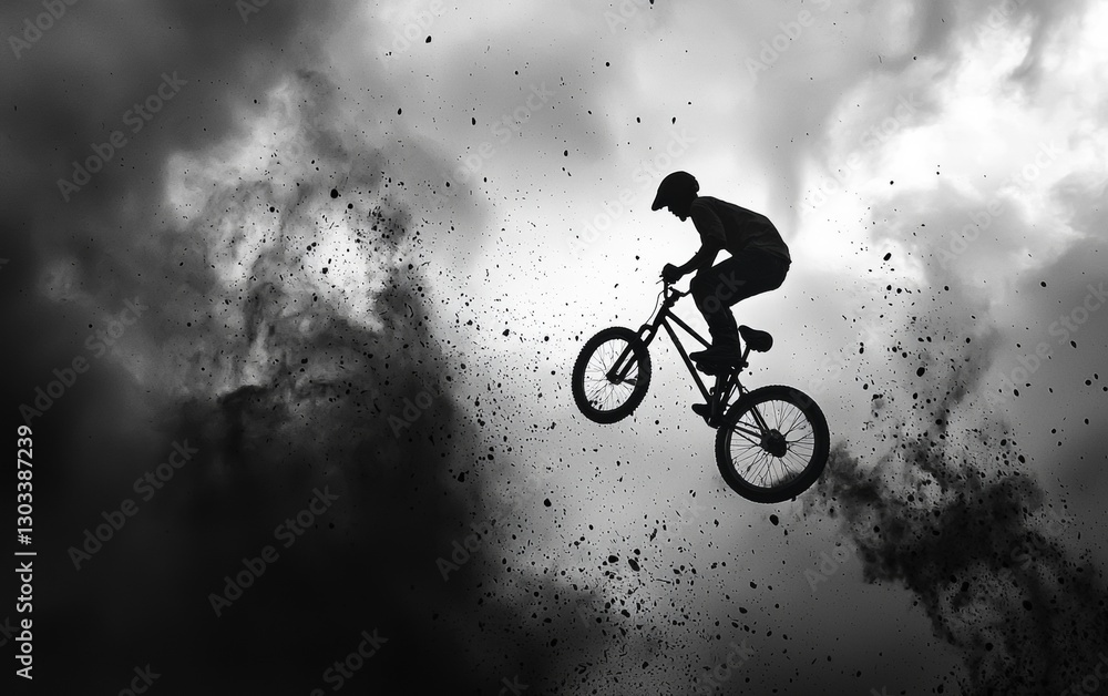 Obraz premium BMX rider performs thrilling jump against dramatic sky backdrop during an exciting outdoor sport session