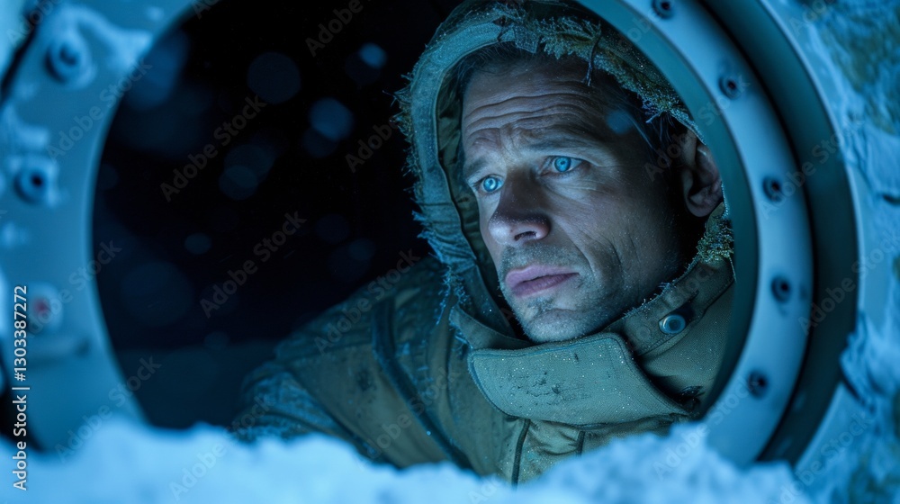 Obraz premium Astronaut gazes into the cosmos from space station window in a sci fi adventure setting