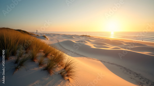 Fototapeta Naklejka Na Ścianę i Meble -  Scenic Golden Sunset Beach with Sand Dunes and Beach Grass | Tranquil Coastal Landscape Photography
