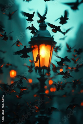 Birds fly around a lamp post in a dark, urban environment. Editorial use