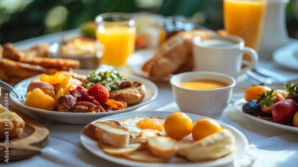 A vibrant breakfast spread awaits with colorful fruits, golden pastries, and steaming coffee, all set against a lush green backdrop, creating a perfect morning getaway A vibrant breakfast spread awaits with colorful fruits, golden pastries, and steaming coffee, all set against a lush green backdrop, creating a perfect morning getaway