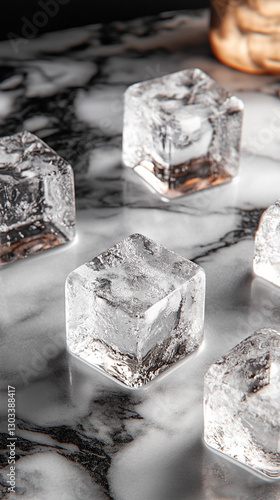 ice cubes forming a thick, frosty layer of crystalline chunks. The frozen surface glistens with a cool, modern aesthetic, symbolizing purity, freshness, and stillness