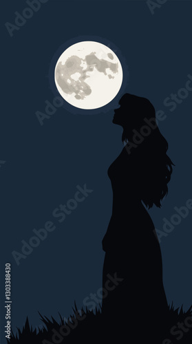 Stylized outline of a woman gazing at the moon mystical and artistic.