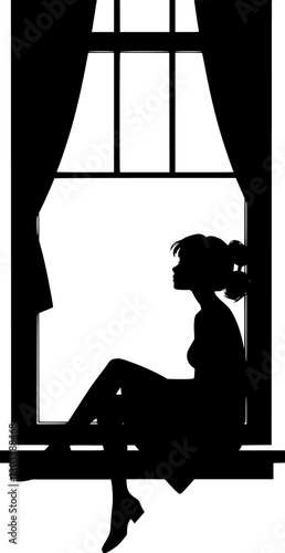 Stylized outline of a woman sitting by a window thoughtful and nostalgic mood.