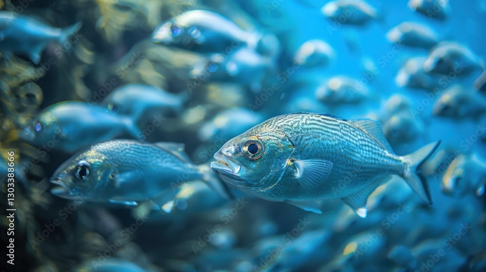 Underwater School of Fish: A mesmerizing view of a large group of fish swimming together in the ocean depths, showcasing their vibrant scales and graceful movement. Underwater School of Fish: A mesmerizing view of a large group of fish swimming together in the ocean depths, showcasing their vibrant scales and graceful movement.