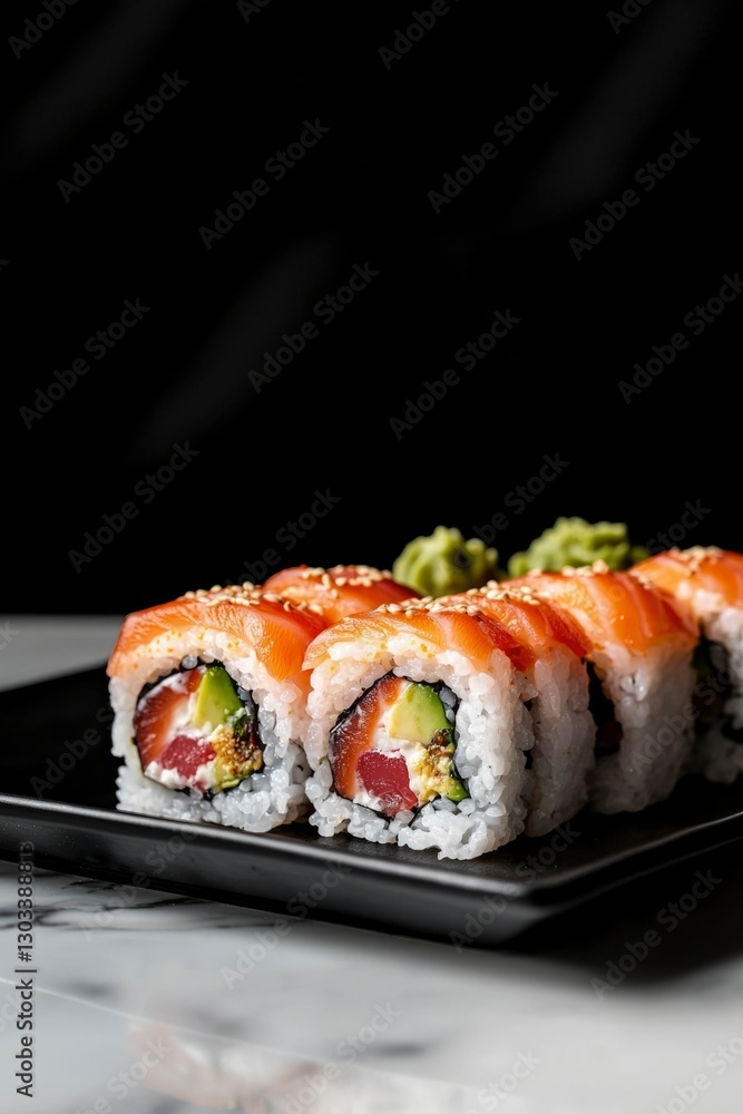 Salmon sushi rolls with wasabi on a black plate, food photography usage Salmon sushi rolls with wasabi on a black plate, food photography usage