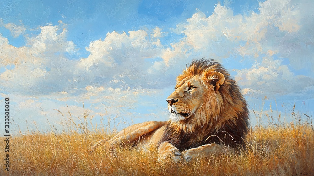 Fototapeta premium serene and powerful african lion resting in the savannah grass showing dominance and grace in wildlife habitat under the peaceful blue sky