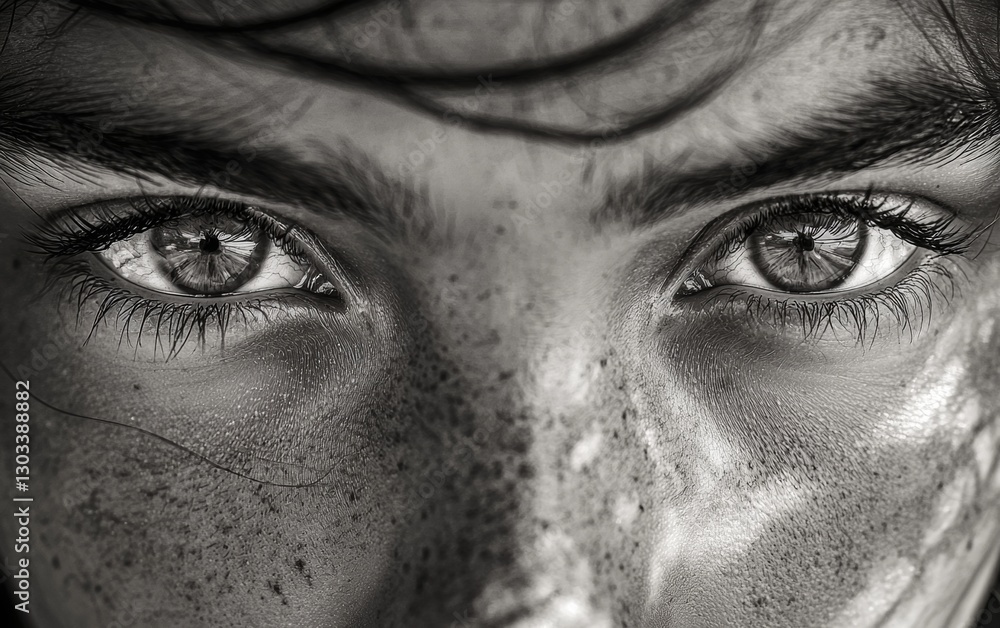 Naklejka premium Close-up shot of striking eyes revealing emotions and intricate details in a monochrome style
