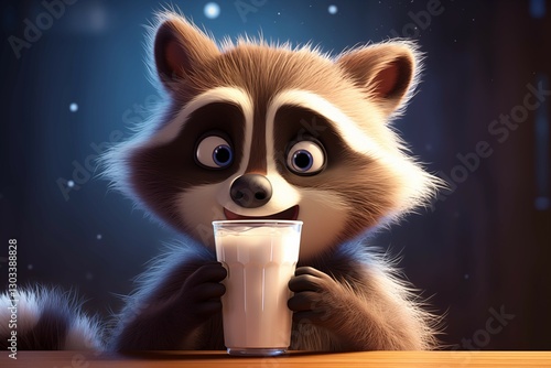 A cartoon cute raccoon drinking a glass of milk