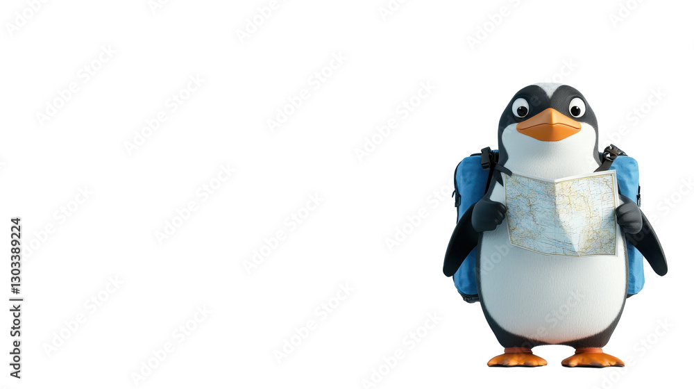 Obraz premium Penguin's Adventure: A charming cartoon penguin, donned with a backpack, navigates a map with a sense of wonder, ready to explore the world, conveying a message of curiosity and exploration.