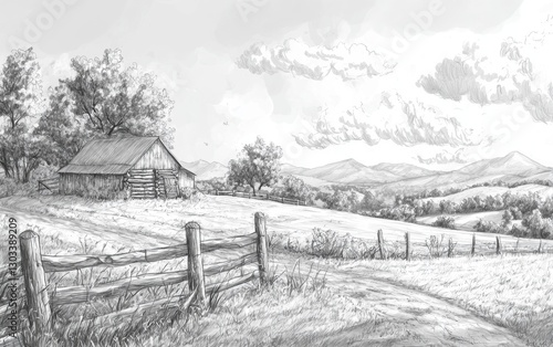 Wallpaper Mural Rural landscape with a rustic barn and rolling hills under a cloudy sky in black-and-white illustration Torontodigital.ca