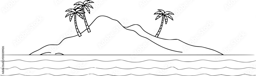 Outline tropical island with palm trees and waves elegant vector landscape. Outline tropical island with palm trees and waves elegant vector landscape.