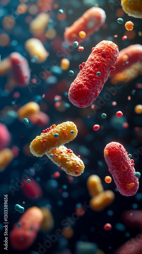 Microscopic view of probiotics bacteria in human stomach highlighting escherichia coli and other microbes essential for digestion gut health immune system microbiology and medical research