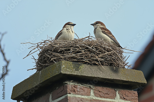 Two small birds in a nest on a chimney, close-up wildlife photography, spring nature, nesting season, animal behavior, peaceful sky, natural habitat