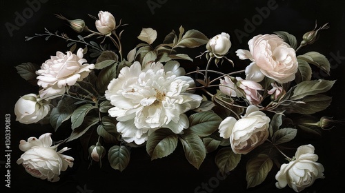 Elegant Bouquet of White Roses and Peonies on Black Background