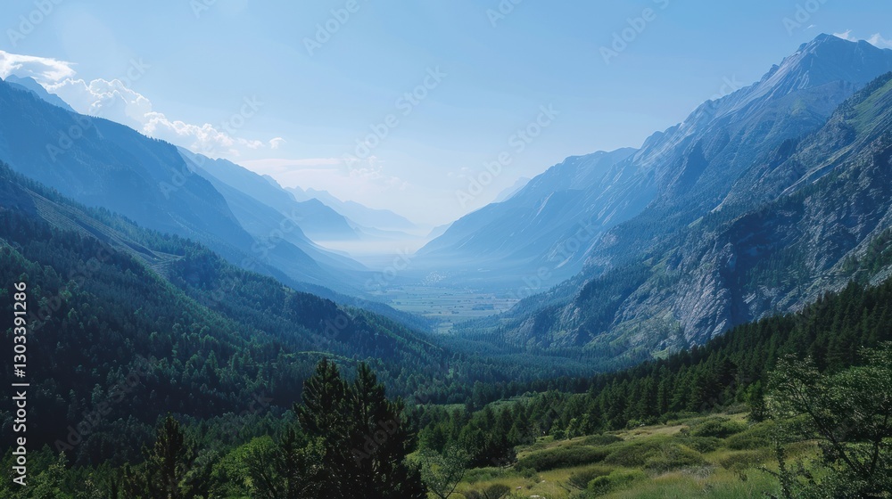 Fototapeta premium Serene Mountain Valley Panorama: A Breathtaking View of Majestic Peaks and Lush Forests Under a Clear Blue Sky