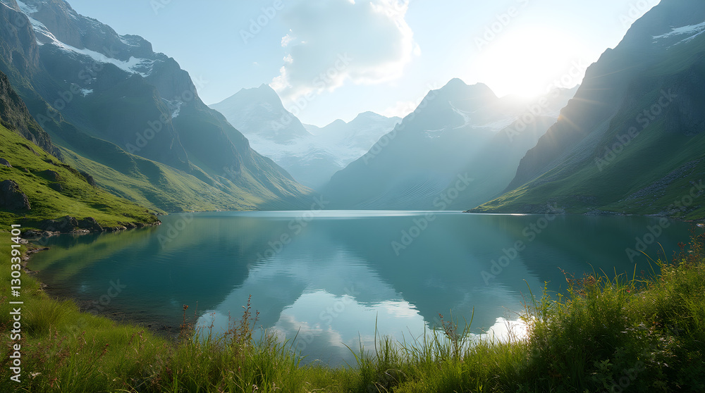 Naklejka premium Scenic Mountain Lake with Sunlight Reflections Greenery Mountain Views