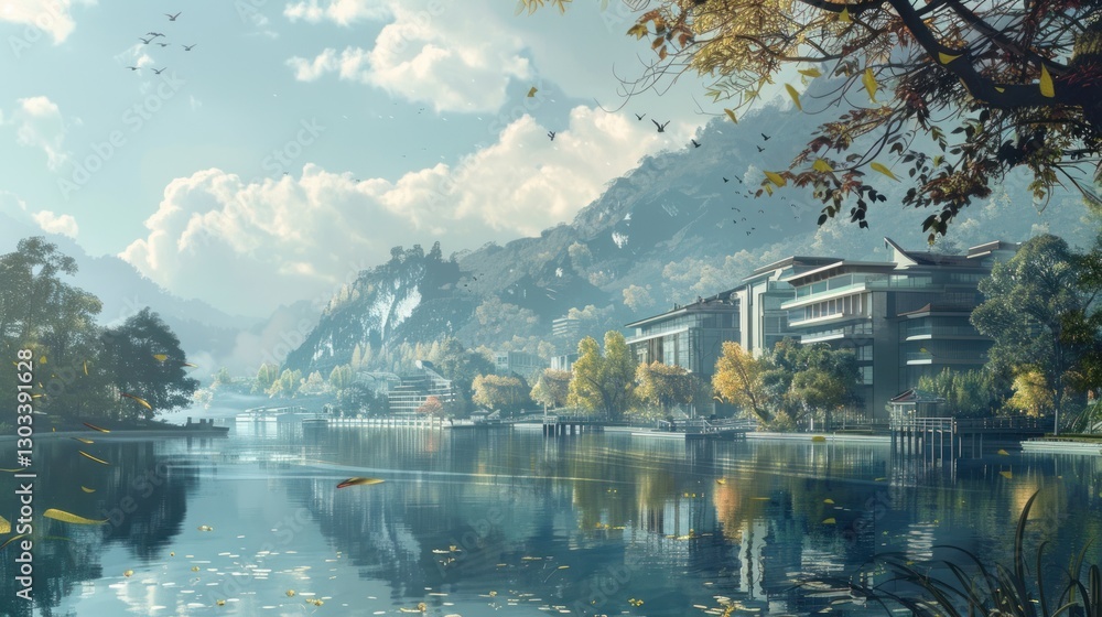 Fototapeta premium Serene Autumn Lakeside Resort in Misty Mountains
