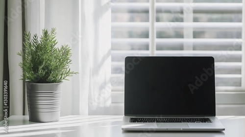 Wallpaper Mural A clean workspace with just a laptop and a potted plant Torontodigital.ca