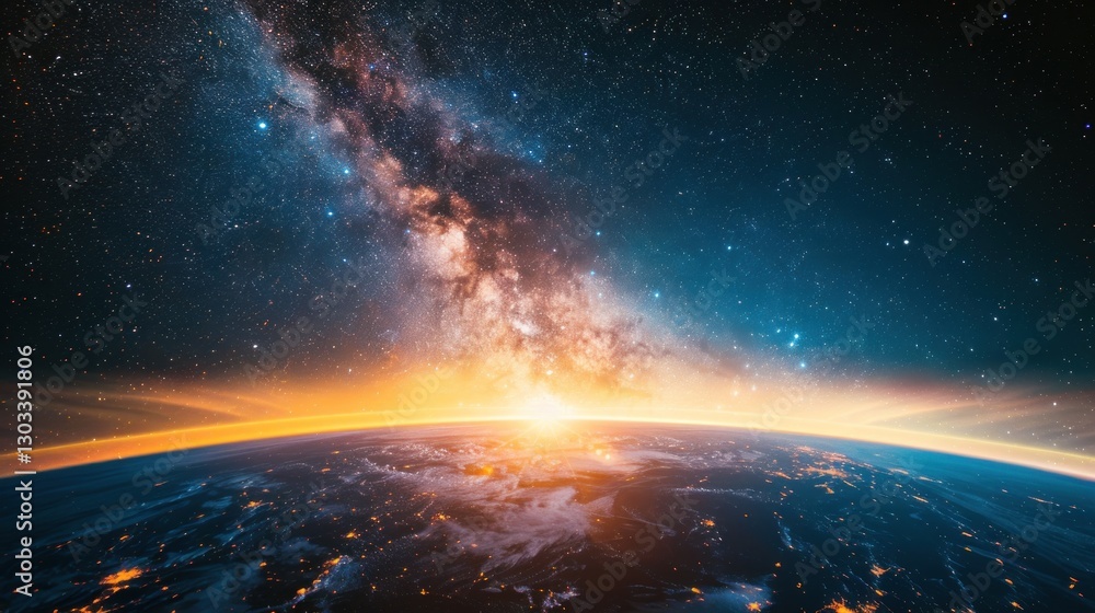Obraz premium Milky Way Galaxy Over Earth at Sunrise: A Cosmic Panorama