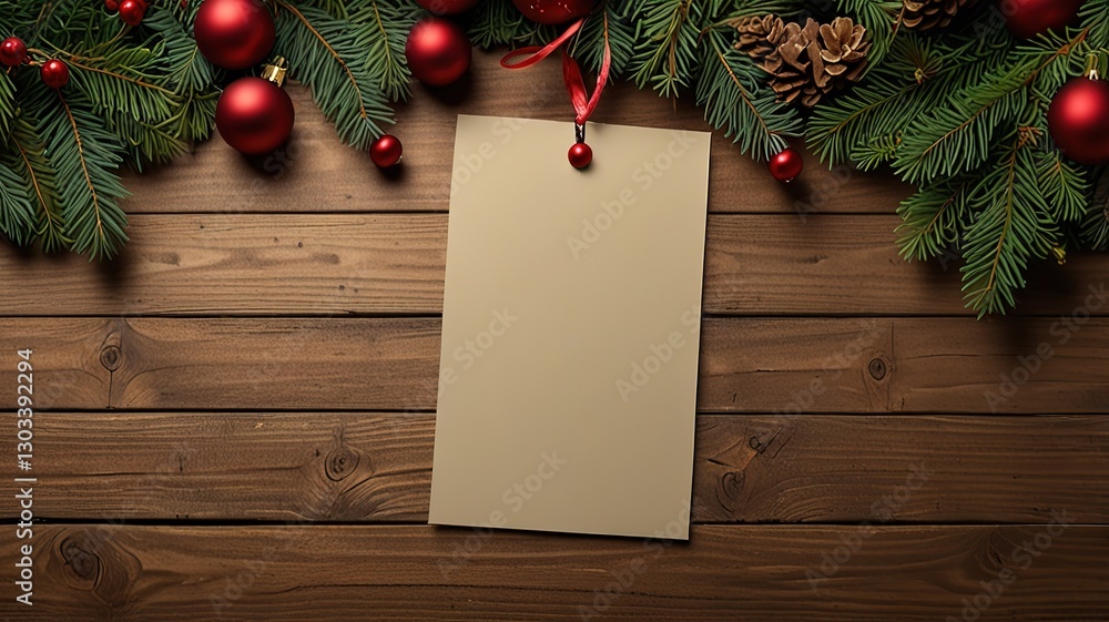 Obraz premium Greeting card christmas mockup with fir tree branches on dark wooden background
