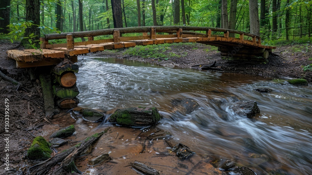 Obraz premium Wooden footbridge over a forest stream