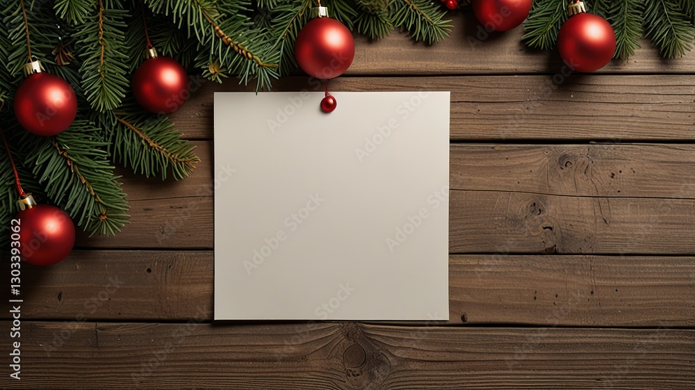 Obraz premium Greeting card christmas mockup with fir tree branches on dark wooden background