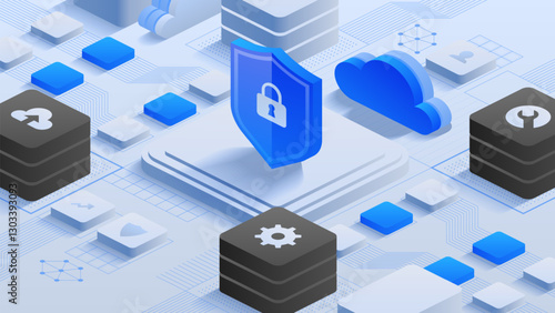 Secure Cloud Network. A cloud with a shield and lock symbolizing data encryption and cybersecurity for secure cloud networking and storage solutions. Safety measures in digital data management.