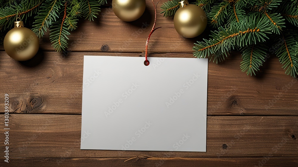 Obraz premium Greeting card christmas mockup with fir tree branches on dark wooden background