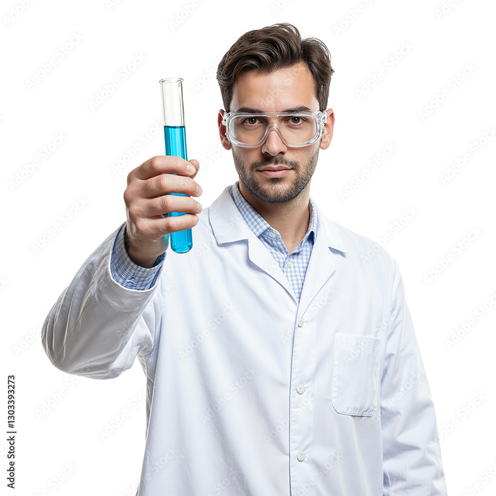 Male scientist in lab coat and goggles holding blue liquid in test tube Focus on innovation and research Male scientist in lab coat and goggles holding blue liquid in test tube Focus on innovation and research