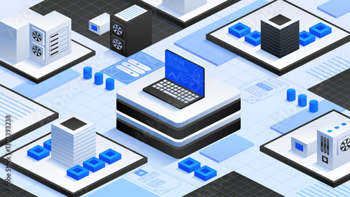 Digital technology isometric background with data centers Laptop displaying data analysis surrounded by server racks and cooling fans, symbolizing data centers, cloud computing, digital infrastructure