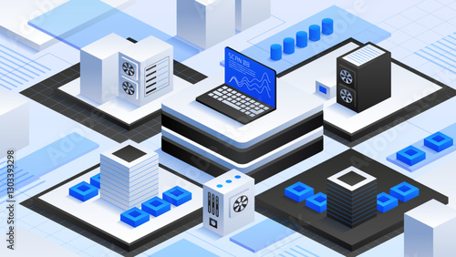 Data center technology, server cooling systems, and cloud infrastructure. Ideal for themes of digital transformation and IT innovation. Modern vector isometric illustration