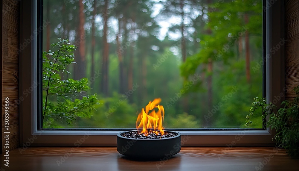 Naklejka premium Cozy fire pit by window, forest view