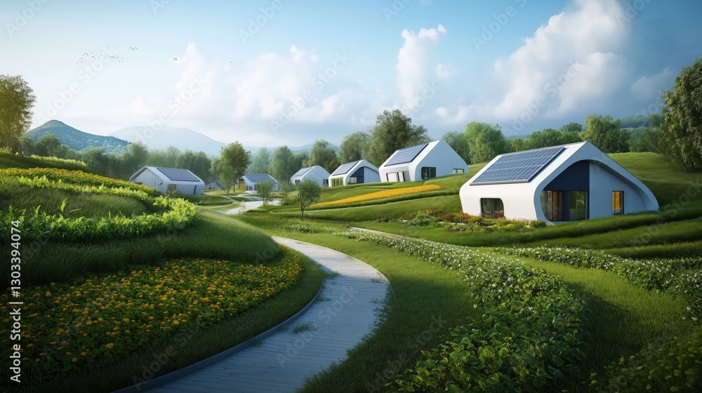 Naklejka premium Serene Eco-Friendly Homes Nestled in Lush Green Hills Modern Architecture Peaceful Landscape Aerial View Sustainable Living