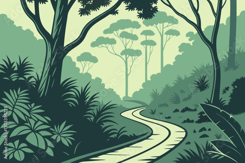 Green Forest Path Illustration: Serene Landscape Art Print of Winding Road Through Lush Trees, Nature Scenery, and Tranquil Woods Design