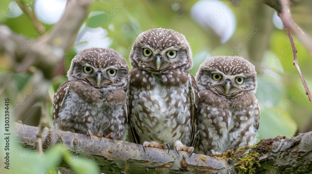 Three Little Owls Perched on a Branch Three Little Owls Perched on a Branch