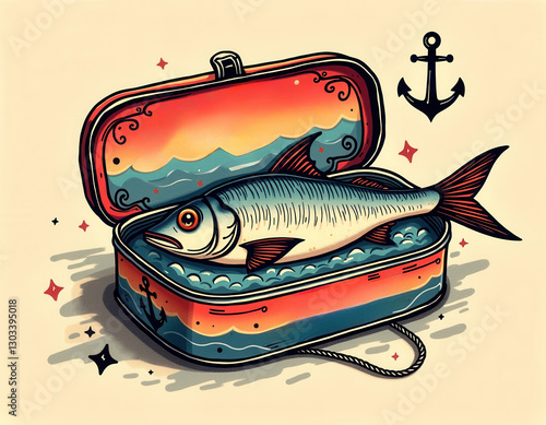 Nautical sardine tattoo design in vibrant colors for maritime lovers photo