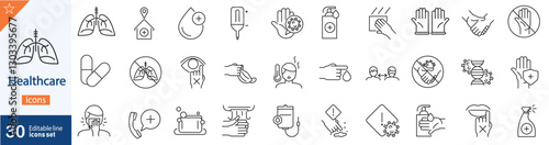 Healthcare Line Icons Set. Collection of 30 outline icons representing medical services, patient care, hospital facilities, diagnostics, and wellness. Editable stroke. vector illustration.