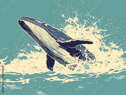 Whale leaps in ocean spray