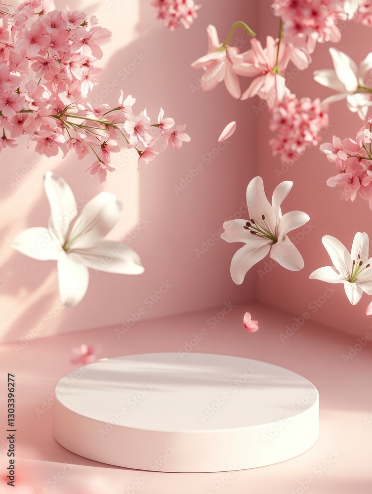white round podium on the right side of an empty, pink background, with flowers floating in the air. The flowers include lilies and cherry blossoms white round podium on the right side of an empty, pink background, with flowers floating in the air. The flowers include lilies and cherry blossoms