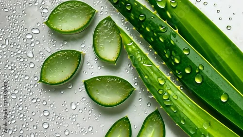 Fresh aloe vera leaves with droplets create a natural and refreshing aesthetic on a textured surface
