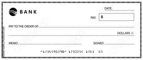 Bank check, vector blank money cheque, checkbook template with guilloche pattern and fields. Currency payment coupon, money check background