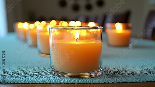 Candles glowing on teal tablecloth