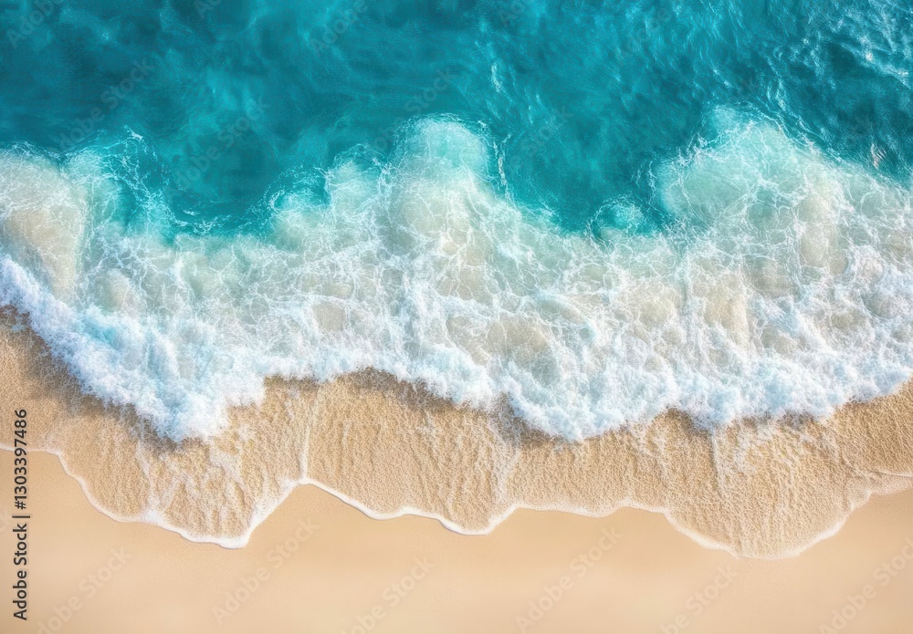 Obraz premium Aerial view of turquoise ocean waves gently lapping onto a sandy beach creating a picturesque tropical shoreline landscape under bright sunlight