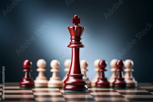 A symbolic representation of a strong leader. Red and beige chess figures on blue background.