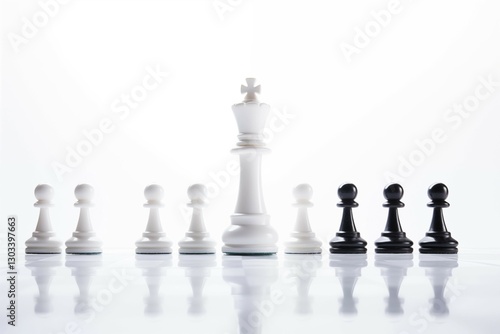 A symbolic representation of a strong leader. Black and white chess figures on white background.