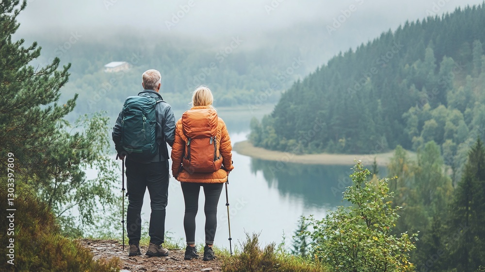healthy retirement lifestyle journey senior couple in hiking outfit enjoying scenic outdoor forest lake wellness adventure vitality exploration active fitness freedom leisure