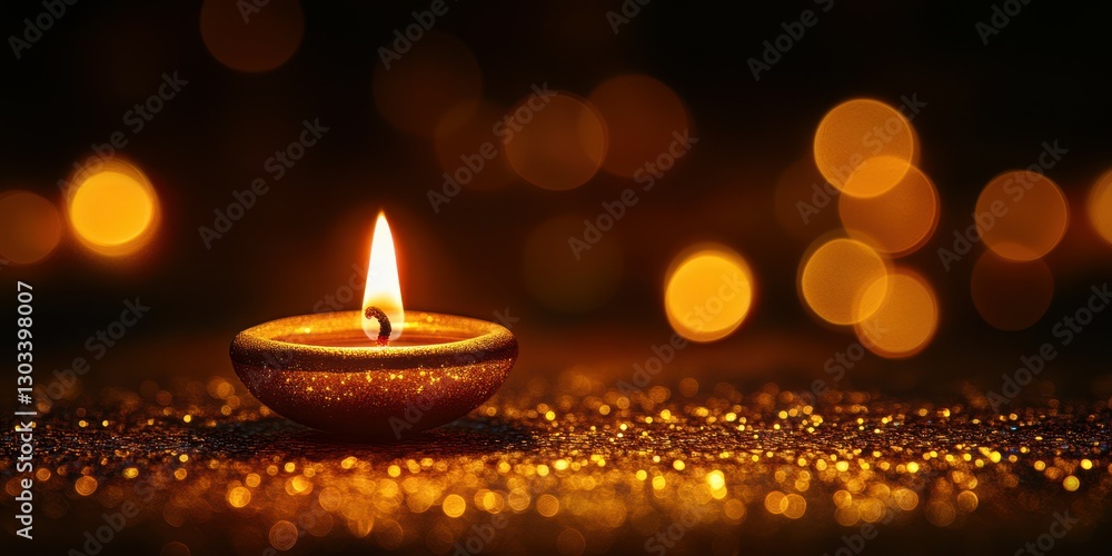 Glowing diya illuminates dark space during festive celebration at night Glowing diya illuminates dark space during festive celebration at night