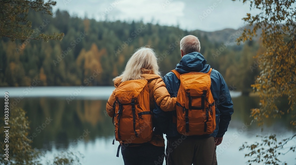 healthy retirement lifestyle journey senior couple in hiking outfit enjoying scenic outdoor forest lake wellness adventure vitality exploration active fitness freedom leisure