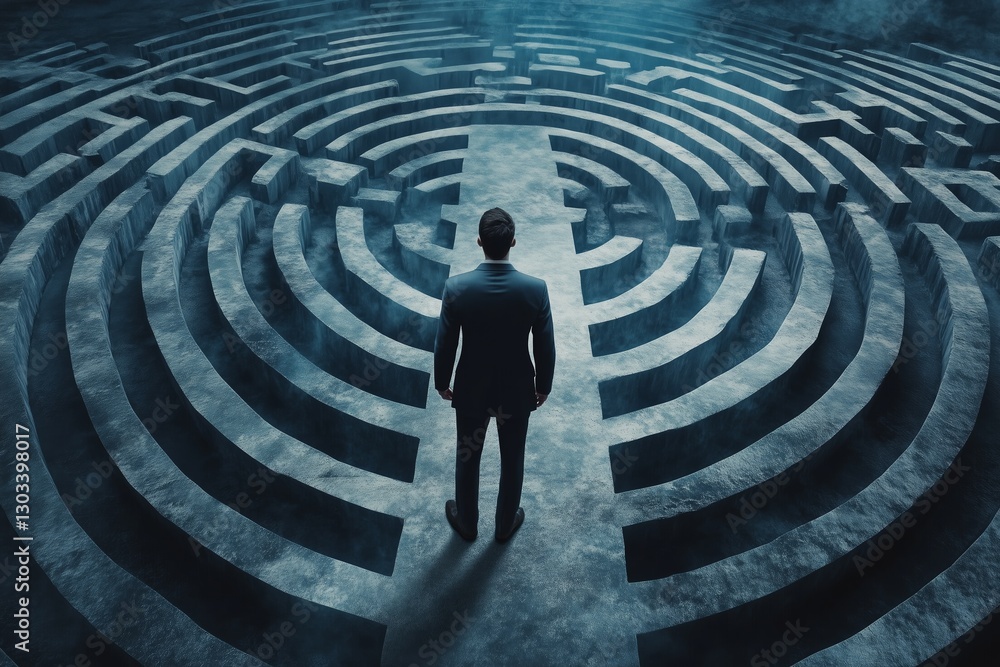 A businessman stands facing a complex pattern. It symbolizing challenges and decision-making in professional life and business too A businessman stands facing a complex pattern. It symbolizing challenges and decision-making in professional life and business too